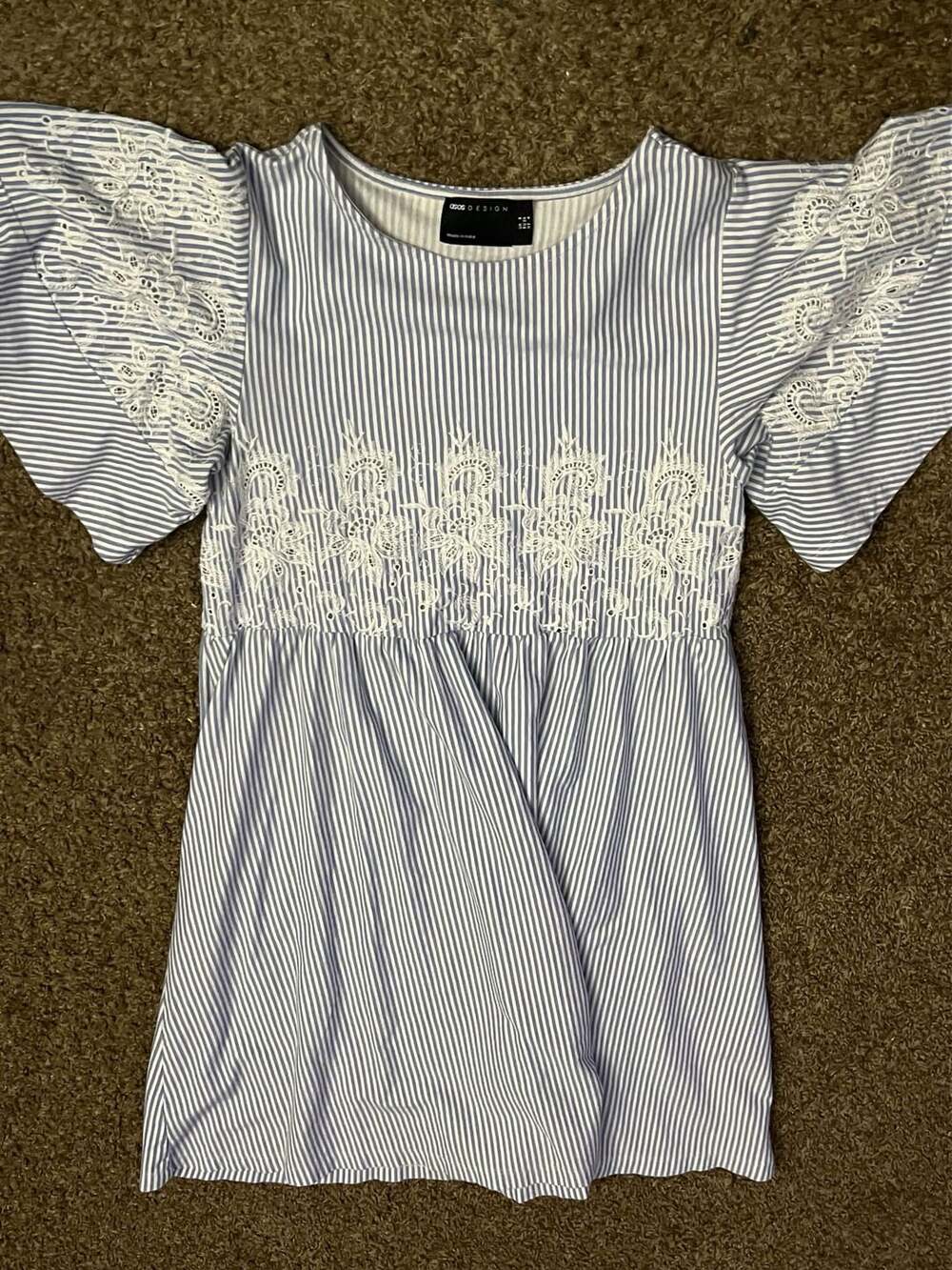 ASOS DESIGN Blue and White Striped Dress with Lace Embroidery, Size us4